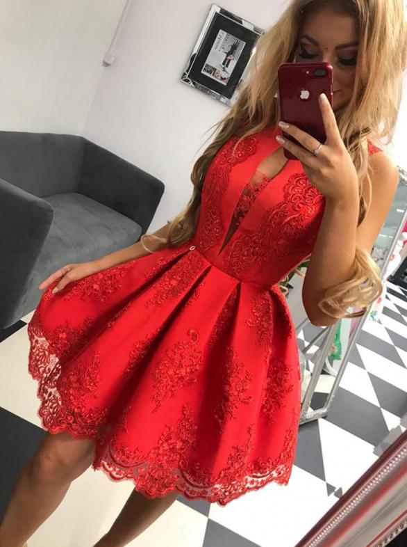 jewel keyhole lace appliques party dress red homecoming gown