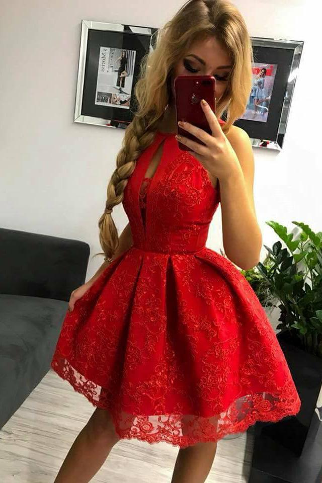 jewel keyhole lace appliques party dress red homecoming gown