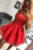 Jewel Keyhole Lace Appliques Party Dress Red Homecoming Gown GM226