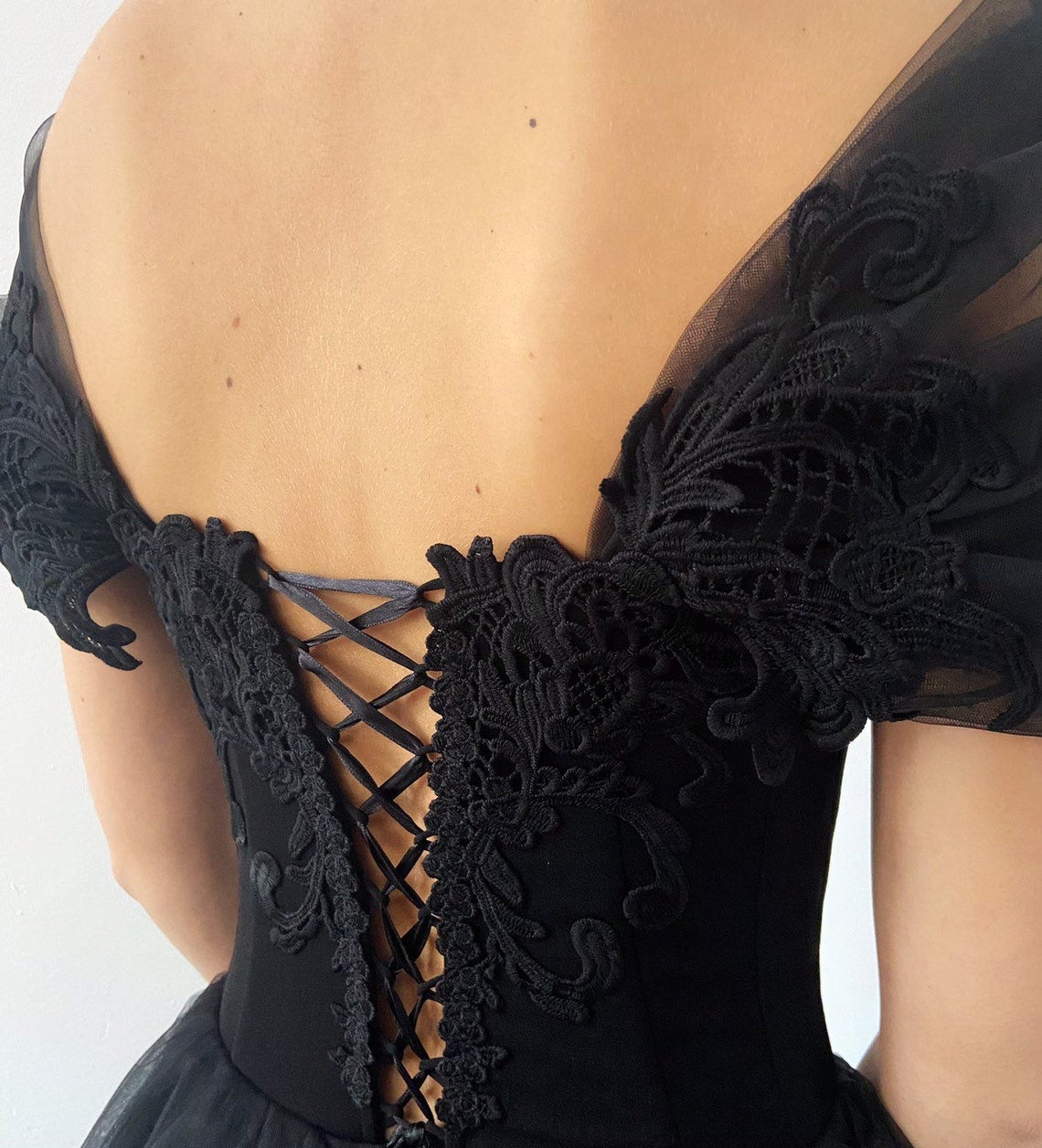 princess black gothic coret tulle prom dress elegant black formal gown