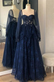 A line Lace Navy Blue Prom Dresses Long Sleeves Formal Evening Dresses GP507
