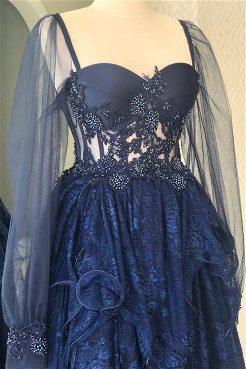 a line lace navy blue prom dresses long sleeves formal evening dresses