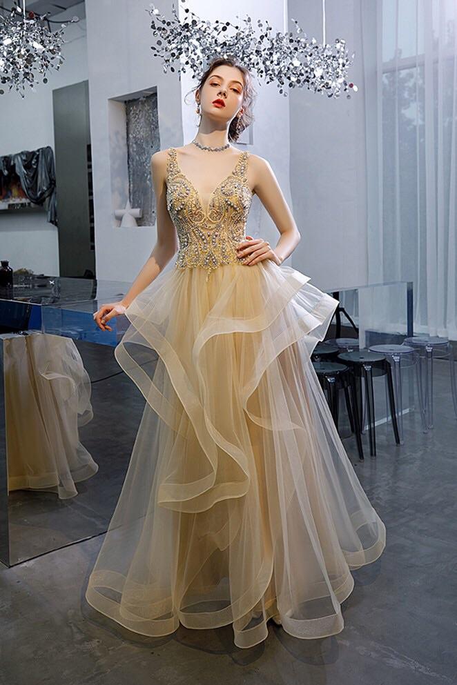 Princess ruffles tulle long prom dresses beaded formal evening gown mg153