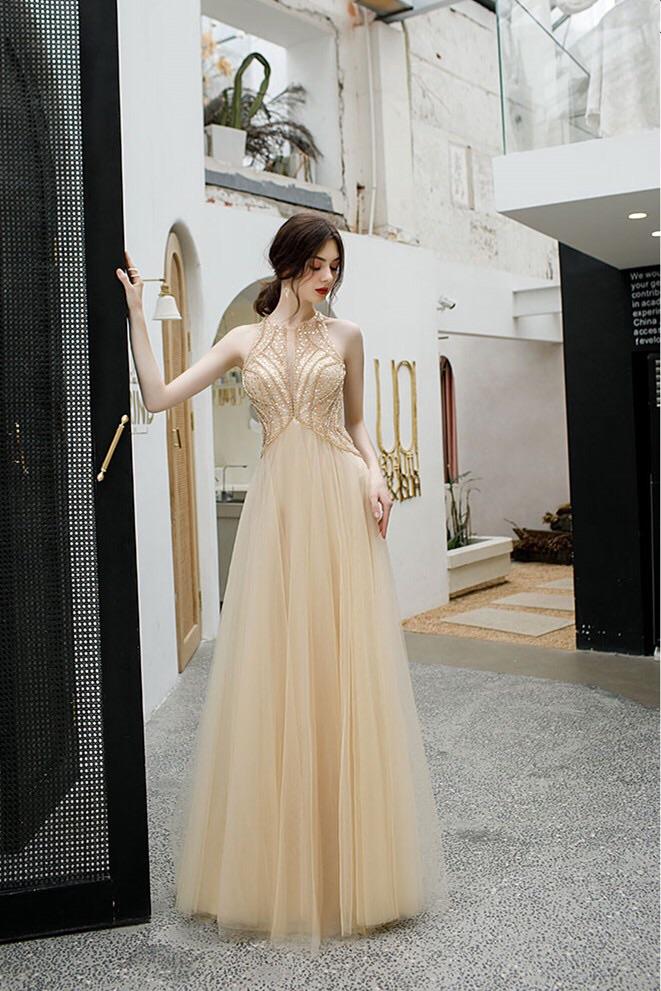 Jewel tulle long prom dresses keyhole evening gown with beaded mg154