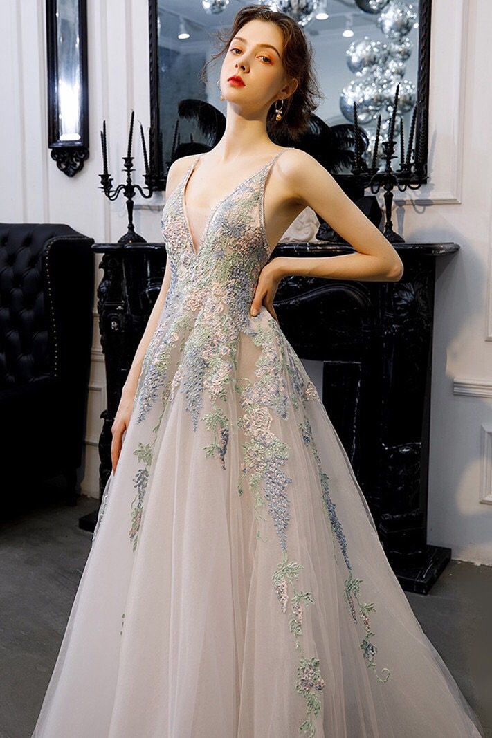 A-line tulle long prom dresses backless evening gown with appliques mg152