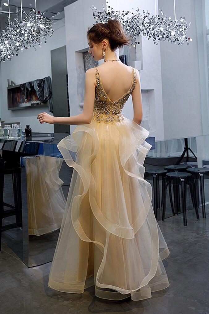 Princess ruffles tulle long prom dresses beaded formal evening gown mg153