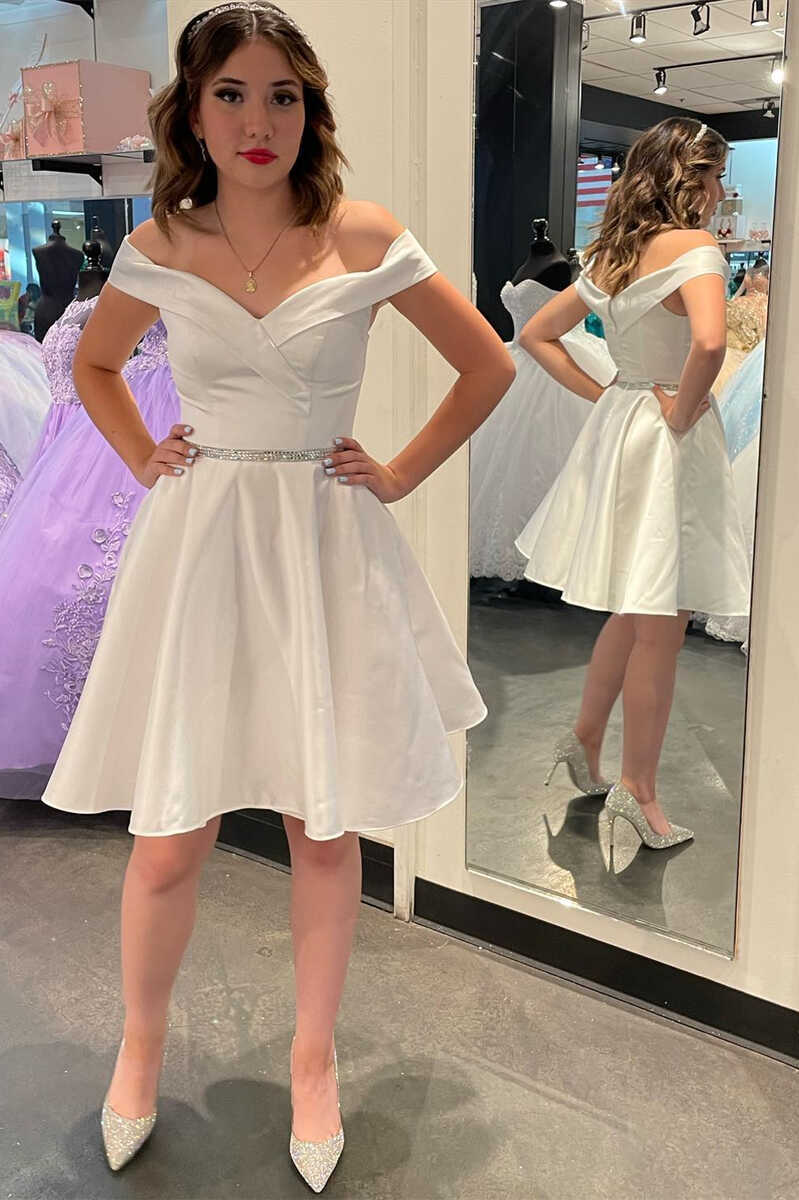 ivory a line short homecoming dress off the shoulder satin short prom dress