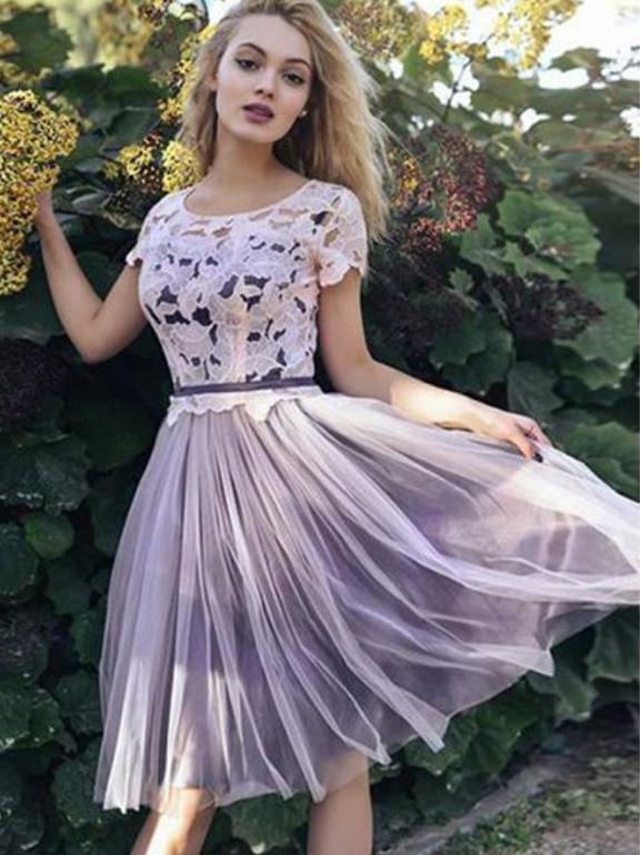 short sleeves lace bodice tulle short homecoming dress