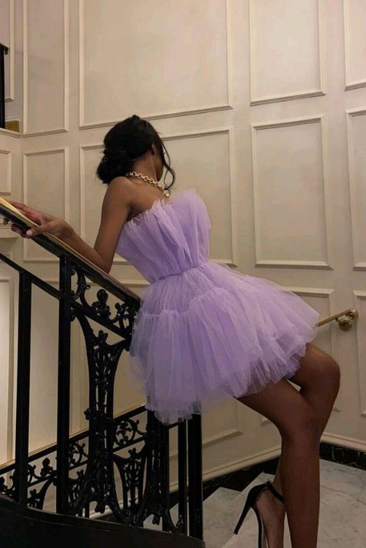 cute lavender strapless tulle lavender homecoming dresses short party dress with bowknot