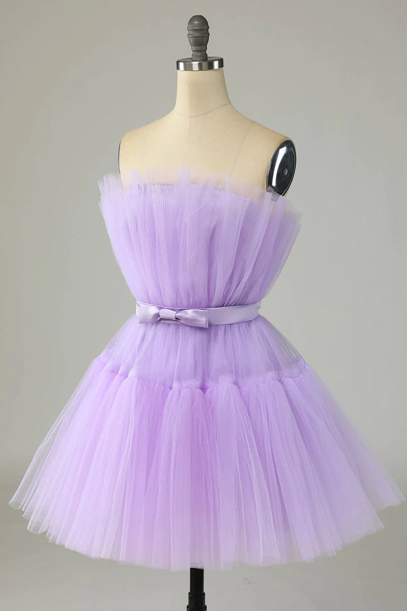 cute lavender strapless tulle lavender homecoming dresses short party dress with bowknot