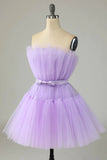 cute lavender strapless tulle lavender homecoming dresses short party dress with bowknot