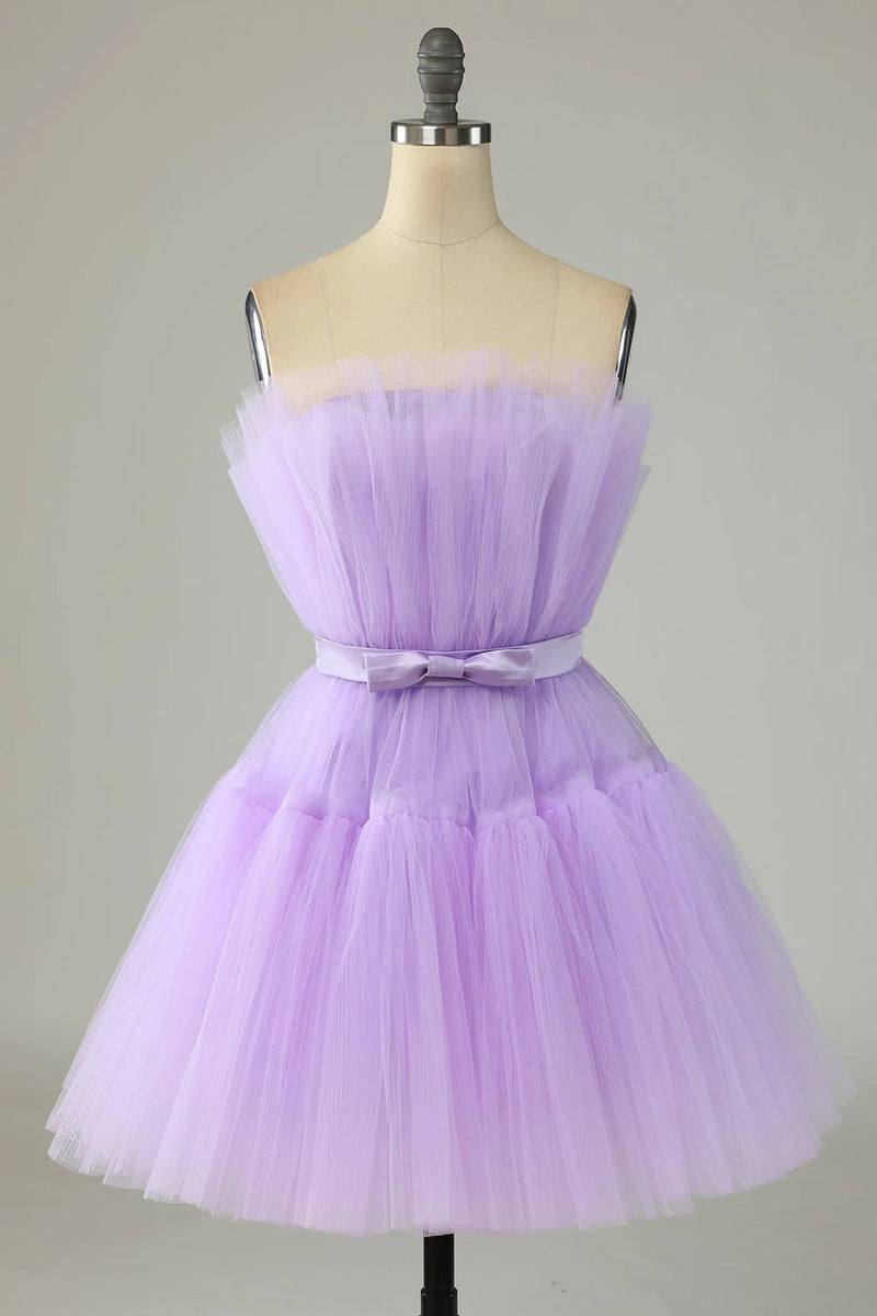 cute lavender strapless tulle lavender homecoming dresses short party dress with bowknot