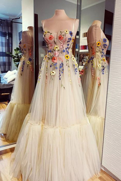 spaghetti straps tulle prom dress with 3d flowers long evening gown
