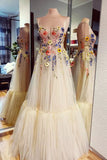 Spaghetti Straps Tulle Prom Dress with 3D Flowers, Long Evening Gown GP511