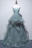 charming spaghetti straps tulle dusty green long prom dress glitter formal party dress