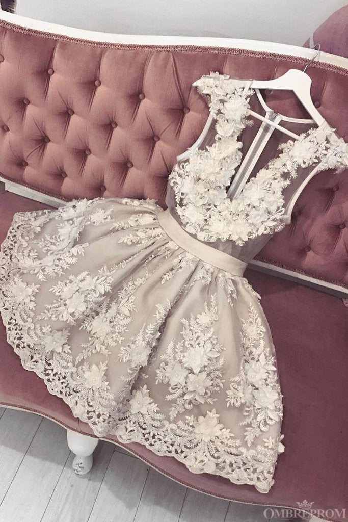 short prom dresses appliques a line v neck tulle homecoming dress