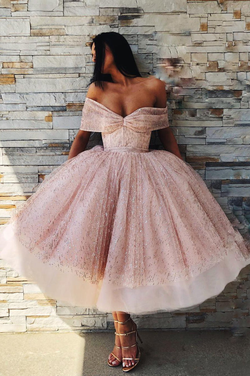 princess tea length prom dresses off shoulder sparkly homecoming dress
