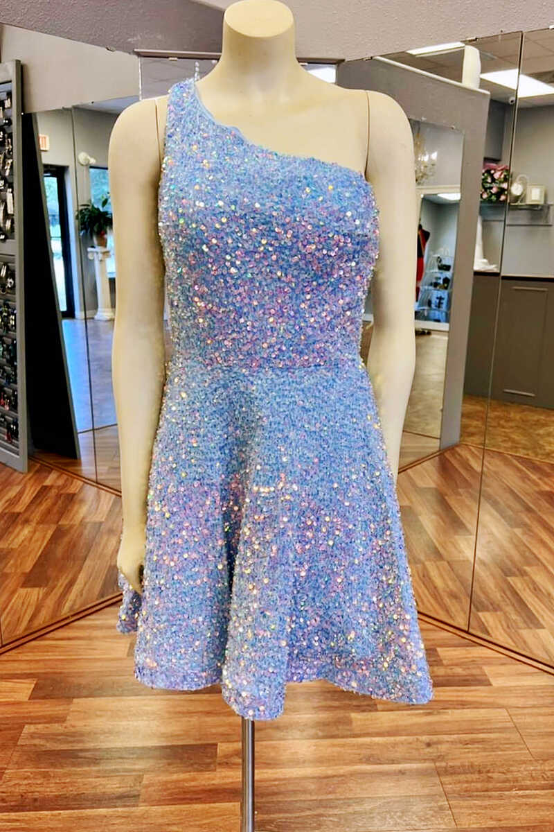 white sequin one shoulder a line short homecoming dresses sparkly mini prom dress
