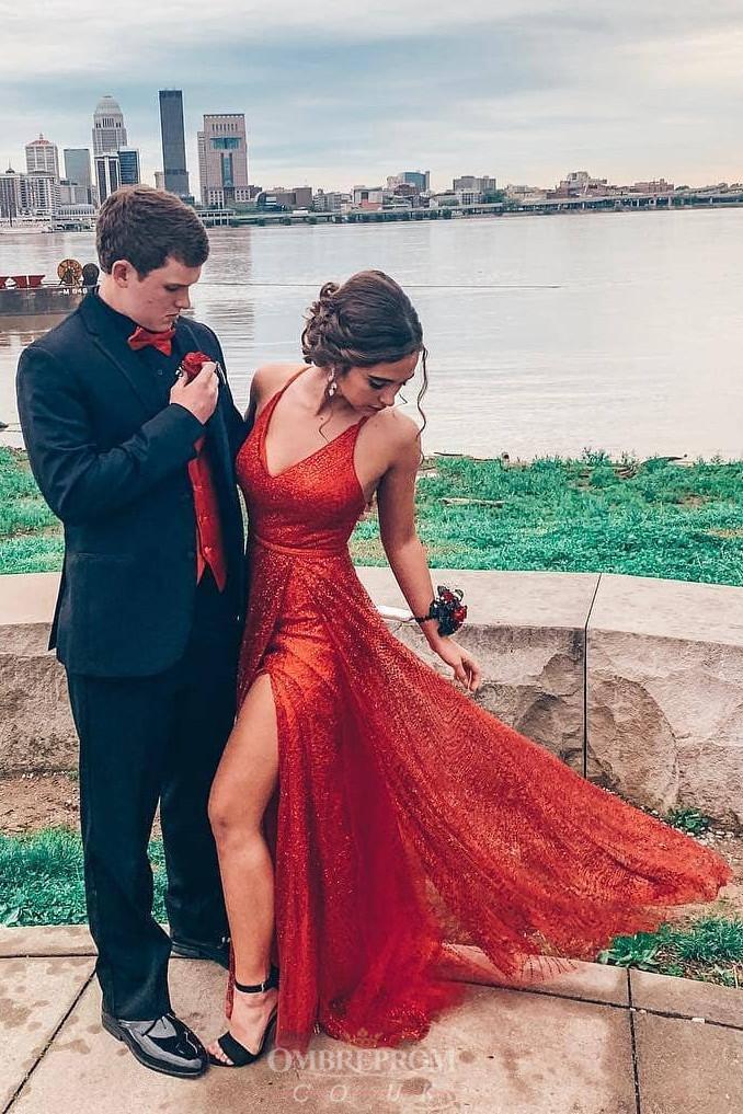 glitter red long prom dresses spaghetti straps v neck slit party dress