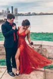 glitter red long prom dresses spaghetti straps v neck slit party dress