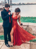 glitter red long prom dresses spaghetti straps v neck slit party dress
