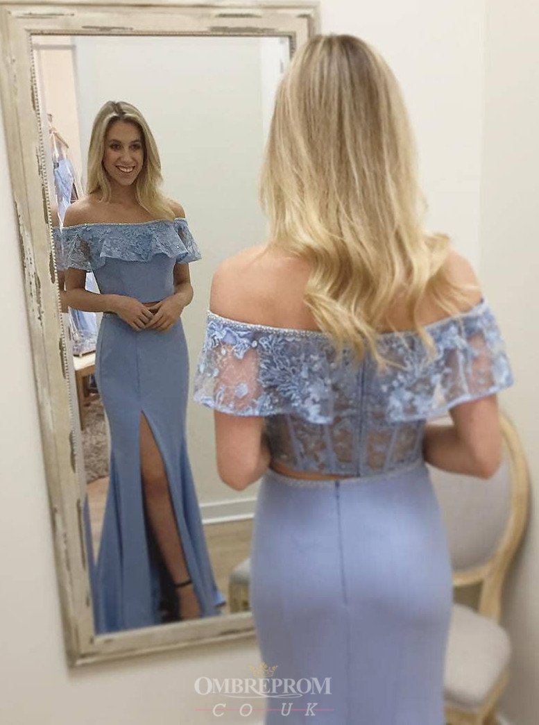 lace off shoulder blue prom dresses two piece sheath slit party gown