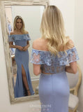 lace off shoulder blue prom dresses two piece sheath slit party gown