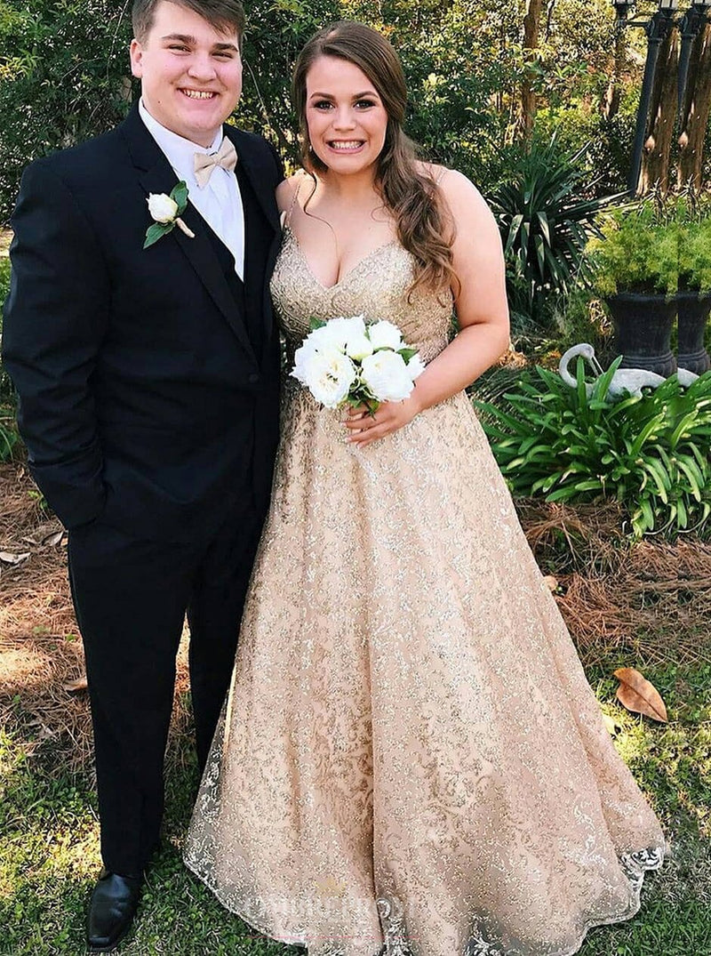 spaghetti straps v neck gold lace appliques prom dresses plus size party gown