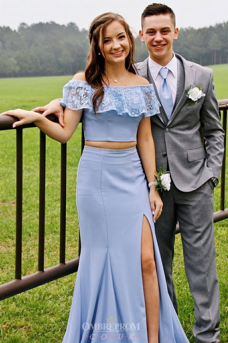 lace off shoulder blue prom dresses two piece sheath slit party gown