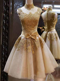 tulle high neck gold lace appliques knee length homecoming party dresses