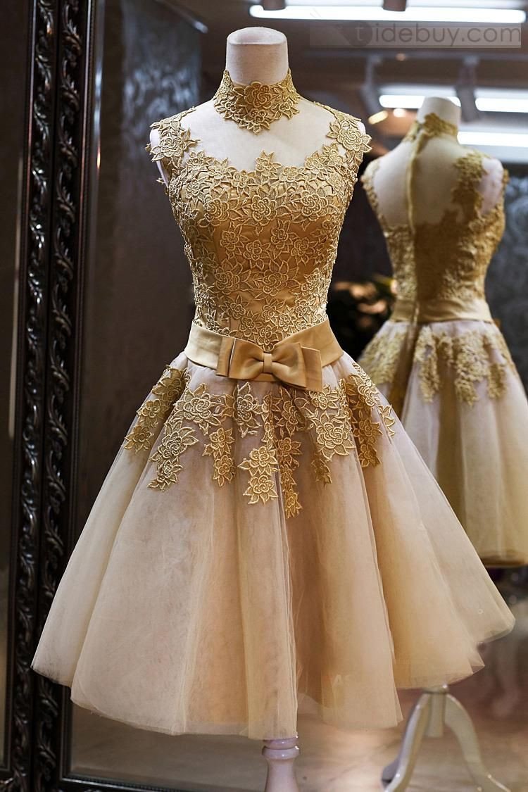 tulle high neck gold lace appliques knee length homecoming party dresses