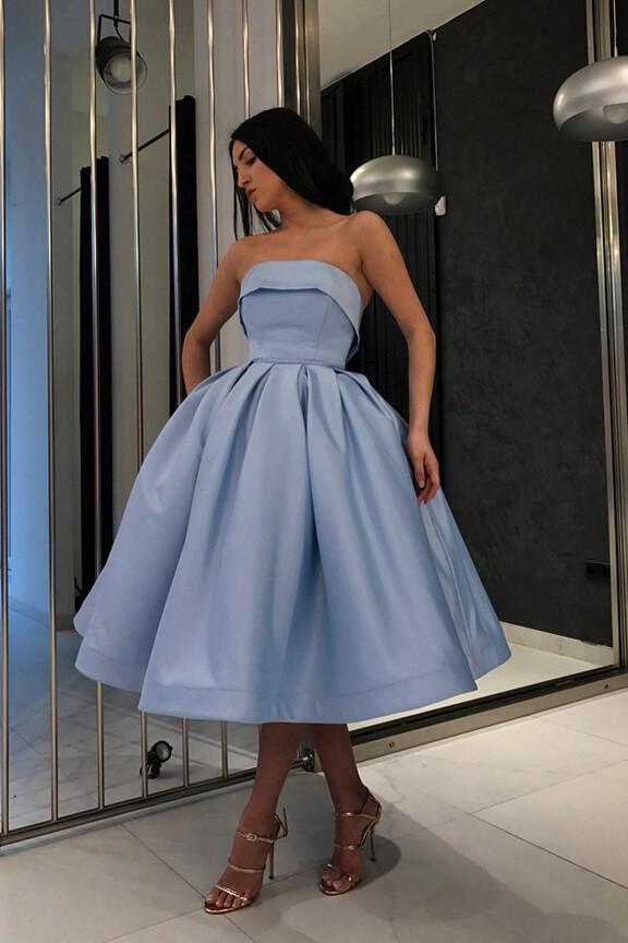 simple tea length light blue prom dresses strapless homecoming dress