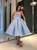 simple tea length light blue prom dresses strapless homecoming dress