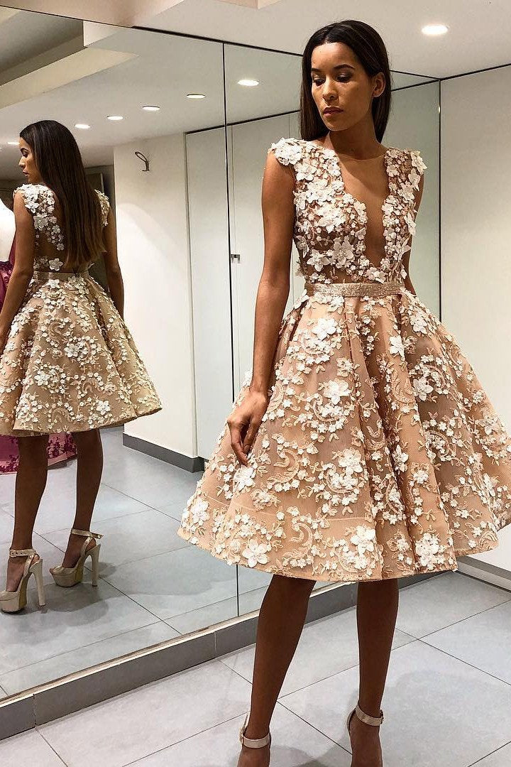a line scoop appliques knee length prom dresses backless party dress