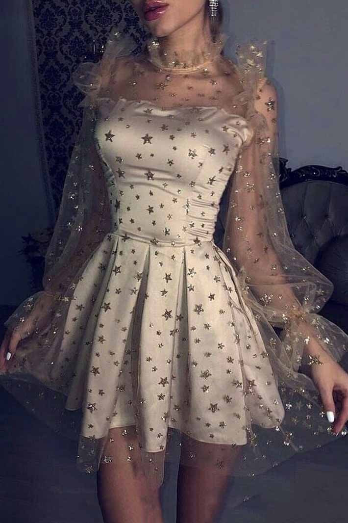 starry night party dresses tulle star long sleeves homecoming dress