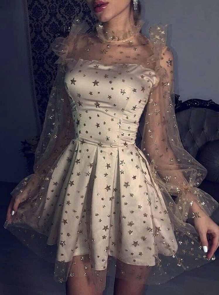 starry night party dresses tulle star long sleeves homecoming dress