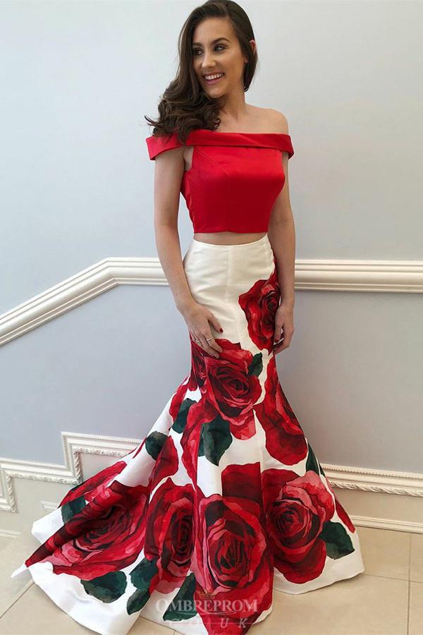 off the shoulder floral printed two piece prom dresses
