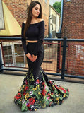 off the shoulder long sleeves two piece mermaid black prom dresses