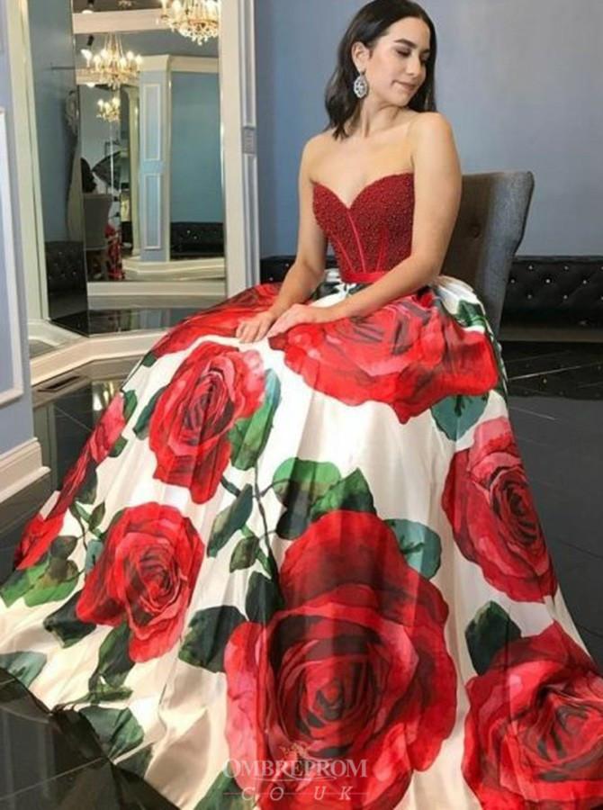 a line sweetheart rose printed prom dresses with beading