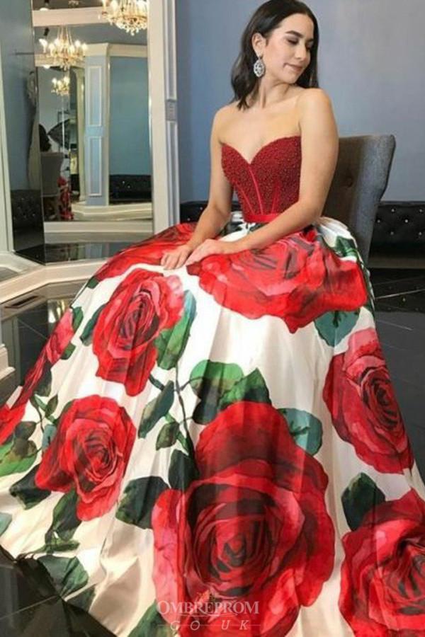 a line sweetheart rose printed prom dresses with beading
