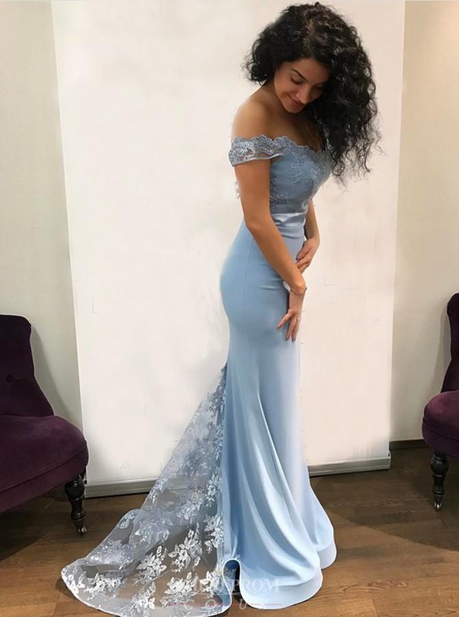 light blue off shoulder lace long prom dresses mermaid bridesmaid dresses