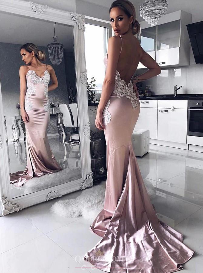 mermaid spaghetti prom dresses with appliques backless evening gown