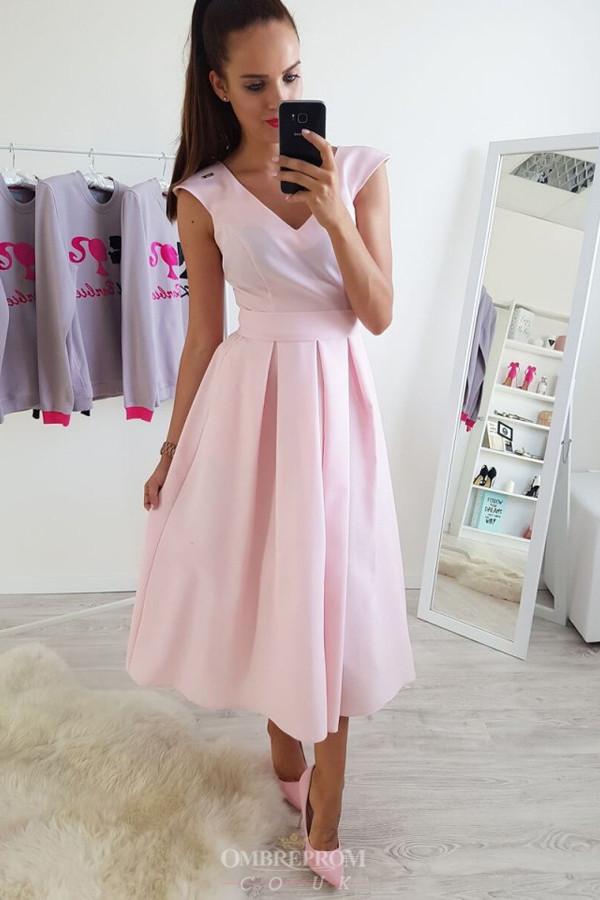 simple a line v neck ankle length pink prom dresses