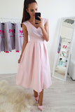 simple a line v neck ankle length pink prom dresses