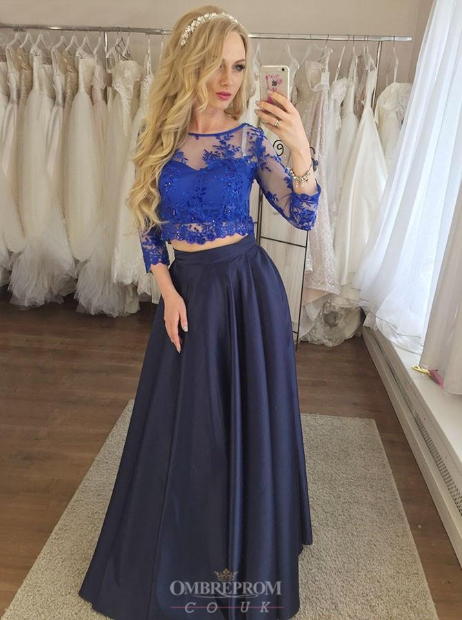 dark blue two piece prom dresses 3 4 sleeves appliques graduation gown