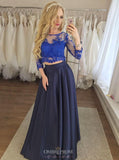 dark blue two piece prom dresses 3 4 sleeves appliques graduation gown