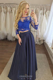 Dark Blue Two Piece Prom Dresses, 3/4 Sleeves Appliques Graduation Gown MP249
