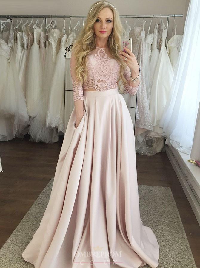 two piece jewel 3 4 sleeves pink prom dresses with pockets