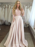 two piece jewel 3 4 sleeves pink prom dresses with pockets