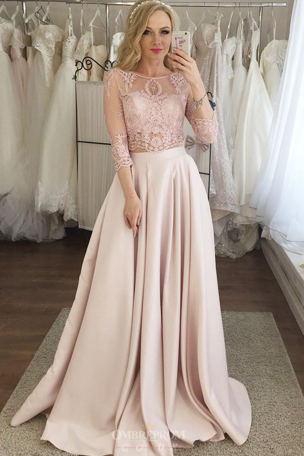 two piece jewel 3 4 sleeves pink prom dresses with pockets